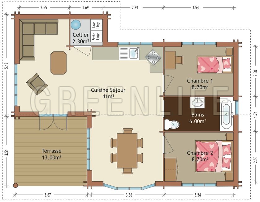 plan maison 70m2 2 chambres